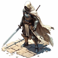 Fototapeta premium Hooded Knight Standing with Sword on Cracked Stone Ground