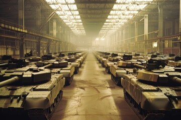 An expansive warehouse filled with rows of military tanks, showcasing the industrial scale of defense manufacturing in a glowing, light-filled atmosphere.