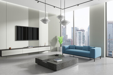 Stylish home living room interior with couch and drawer, tv and panoramic window