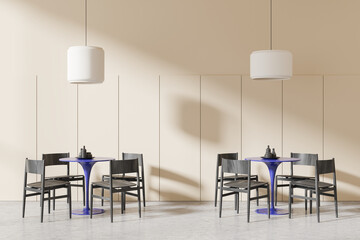 Modern cafe interior with minimalist design and sleek furniture. 3D Rendering