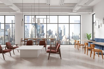 Modern cafe interior with eating tables and chairs, panoramic window