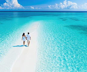 Picturesque Beach With Turquoise Waters Lapping At Shore, Couple Walking Hand-in-hand Along Sand, Peaceful Seaside Ambiance.

