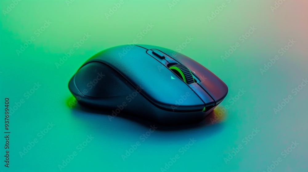 Poster black wireless computer mouse on green gradient background.