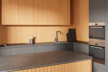 Dark home kitchen interior bar counter, cooking cabinet with kitchenware