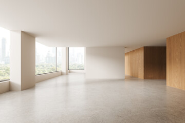 Modern empty living room interior and panoramic window on skyscrapers
