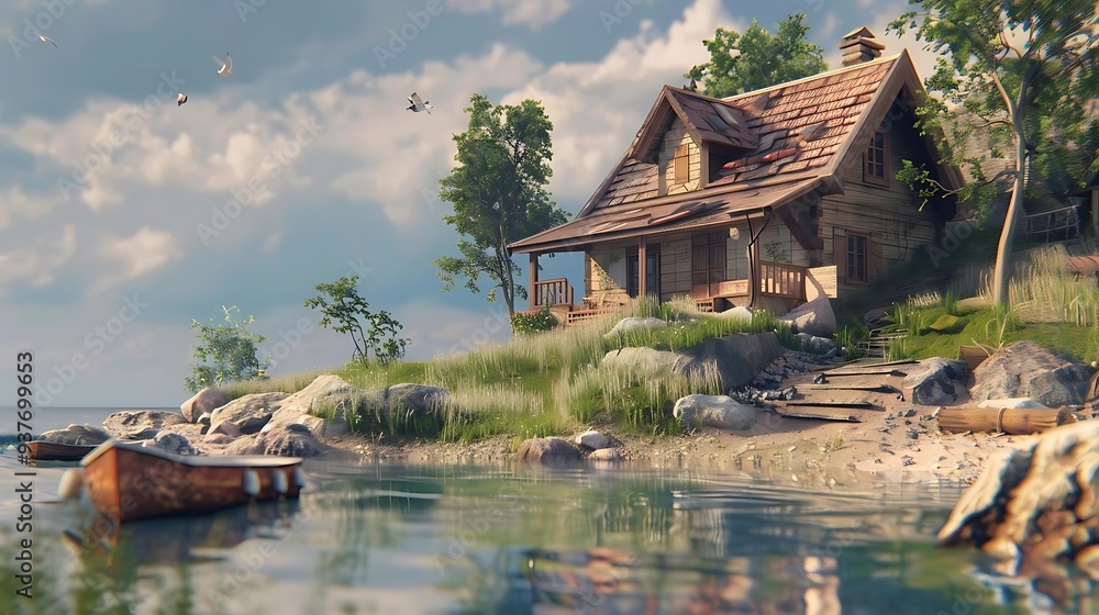 Poster a serene lakeside cabin surrounded by nature and a small boat in the water.