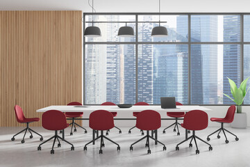 Wooden office meeting room interior with table and chairs, panoramic window