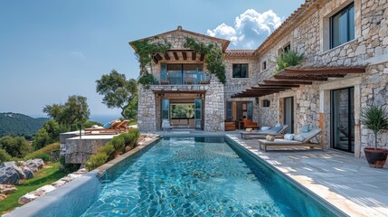 A serene stone villa by the pool overlooking lush hills and the sparkling sea on a sunny day. Generative AI