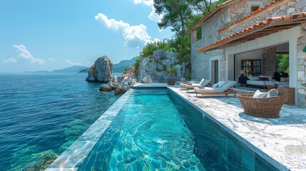 Fototapeta premium Stunning coastal villa with infinity pool overlooking crystal-clear waters and rocky landscapes in a serene paradise. Generative AI