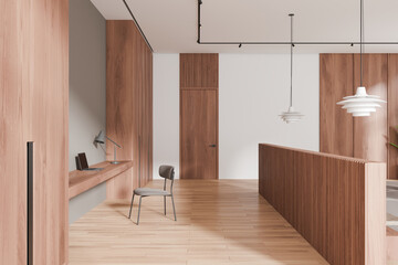 Home bedroom interior with work table and chair, wardrobe and accent wall