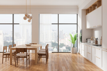 Classical home kitchen interior with dinner table and cabinet, panoramic window