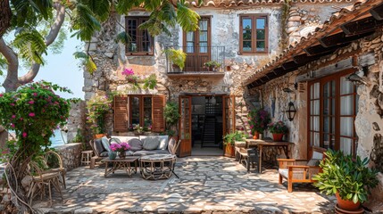 Obraz premium Charming outdoor terrace adorned with vibrant flowers near an ancient stone house by the sea in summer sunlight. Generative AI
