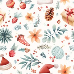 Joyful Christmas pattern with Santa hats and presents, seamless holiday paper design, festive gift wrap concept