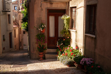 In a charming and picturesque alley, there is a beautiful doorway adorned with an abundance of vibrant flowers