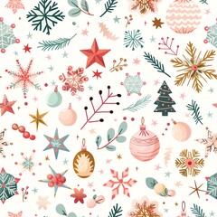 Dreamy Christmas pattern with pastel snowflakes and stars, seamless holiday paper design, whimsical festive wrap