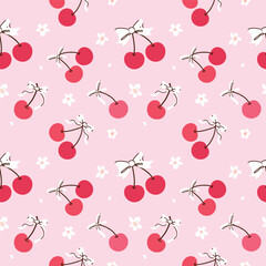 Cherry with ribbons girly seamless pattern background. Design print for wrapping paper, greeting card, fabric, textile.