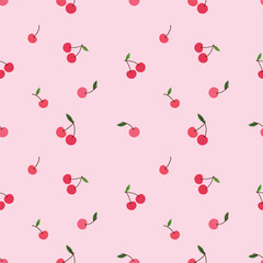 Seamless background with cherry on pink background. Cute berry ornament girly wallpaper.