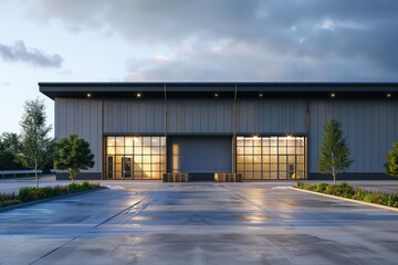 Fototapeta premium Factory's exterior, featuring clean lines, innovative architecture, and eco-friendly features. Beautiful simple AI generated image