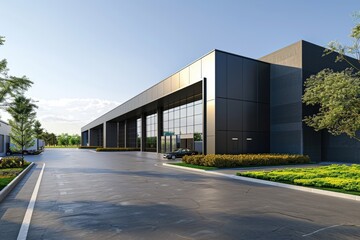 Factory's exterior, featuring clean lines, innovative architecture, and eco-friendly features. Beautiful simple AI generated image