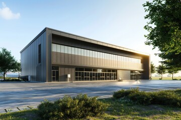 Obraz premium Factory's exterior, featuring clean lines, innovative architecture, and eco-friendly features. Beautiful simple AI generated image