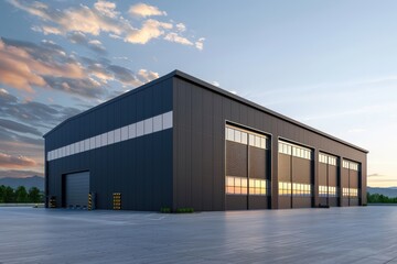 Fototapeta premium Factory's exterior, featuring clean lines, innovative architecture, and eco-friendly features. Beautiful simple AI generated image