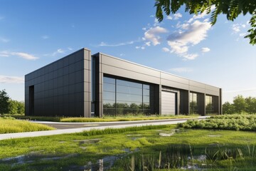 Obraz premium Factory's exterior, featuring clean lines, innovative architecture, and eco-friendly features. Beautiful simple AI generated image