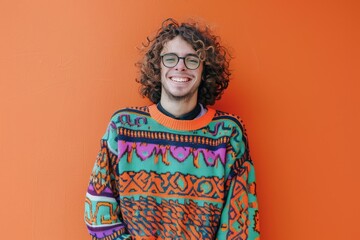Fototapeta premium A person with curly hair and glasses smiles warmly, dressed in a colorful and vibrant sweater against an orange backdrop.