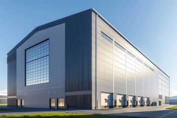 Factory's exterior, featuring clean lines, innovative architecture, and eco-friendly features. Beautiful simple AI generated image