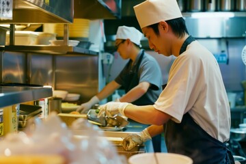 Chefs busy at work inside a bustling kitchen, carefully preparing dishes with focus and precision.