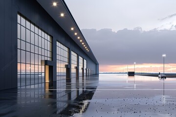 Factory's exterior, featuring clean lines, innovative architecture, and eco-friendly features. Beautiful simple AI generated image