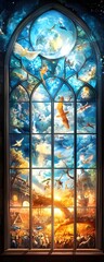 Stained Glass Window with Birds and Fantasy Scenes.