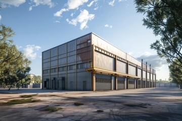 Factory's exterior, featuring clean lines, innovative architecture, and eco-friendly features. Beautiful simple AI generated image