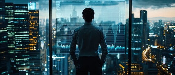 Fototapeta premium Silhouette of man looking over futuristic city skyline at night