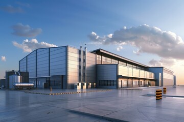 Fototapeta premium Factory's exterior, featuring clean lines, innovative architecture, and eco-friendly features. Beautiful simple AI generated image