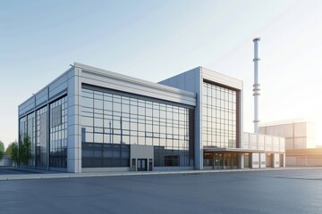 Factory's exterior, featuring clean lines, innovative architecture, and eco-friendly features. Beautiful simple AI generated image