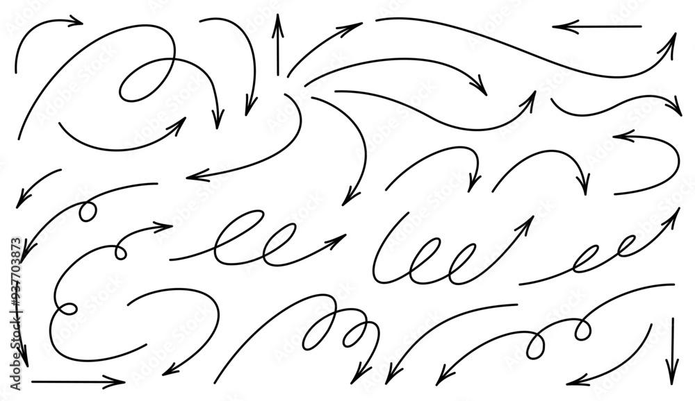 Wall mural thin editable outline arrows set. sketch doodle style black line design elements isolated on white b