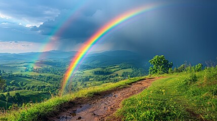 Obraz premium A vibrant double rainbow arches over a lush green valley following a rainstorm in the countryside. Generative AI