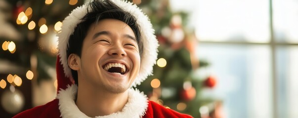 Cheerful man wearing Santa hat, laughing heartily in front of a Christmas tree, capturing the joy of the holiday season indoors.
