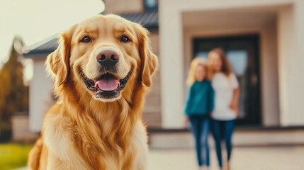 Joyful golden retriever dog with a family during their move into a new house, captured with a blurred background and bokeh effect. The smiling dog adds warmth to the transition, creating a happy and w