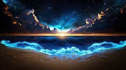 A stunning ocean view featuring vibrant waves and a glowing sunset under a dramatic sky filled with stars and rich colors.