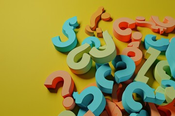 Fototapeta premium A cluster of bright, multi-colored 3D question marks on a striking yellow background, evoking a sense of curiosity and wonder.