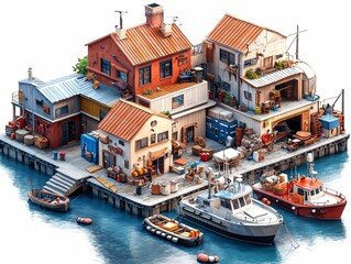 Obraz premium A quaint waterfront with docked boats and several colorful buildings.