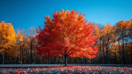 A vibrant maple tree displays fiery red leaves against a clear blue sky in a serene autumn landscape. Generative AI