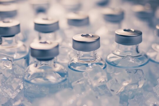 Clear glass vials with silver tops are kept chilled amidst ice cubes, representing scientific precision and preservation at low temperatures.