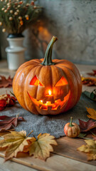 Traditional Carved Pumpkin with Glowing Eyes and Smiling Face