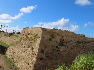 View of the ancient walls at Caesarea in Israel. An interesting journey through ancient and historical sights.