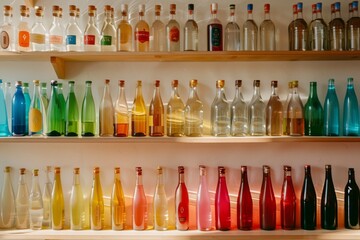 Vibrant bottles in a spectrum of colors are neatly arranged on wooden shelves, creating a visually striking and colorful display.