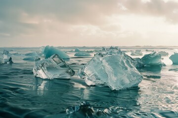 Ice chunks scattered on a black sand beach under a cloudy sky, capturing the raw beauty of nature in stark contrast.
