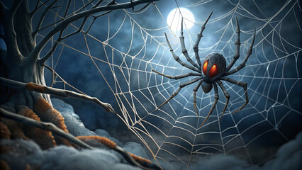 Large Spider on Cobweb with Full Moon and Night Sky for Halloween
