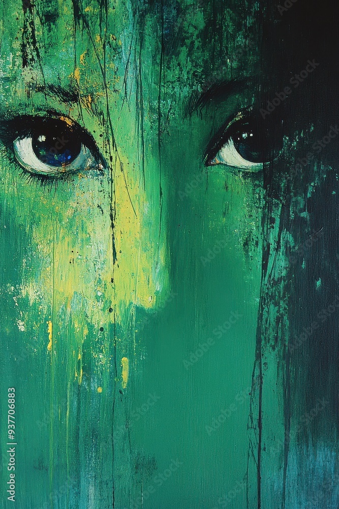 Canvas Prints Abstract Portrait with Green Background and Eyes